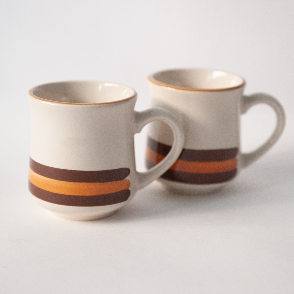 ▫️Vtg 70s Stoneware Striped Cream and Brown Mugs